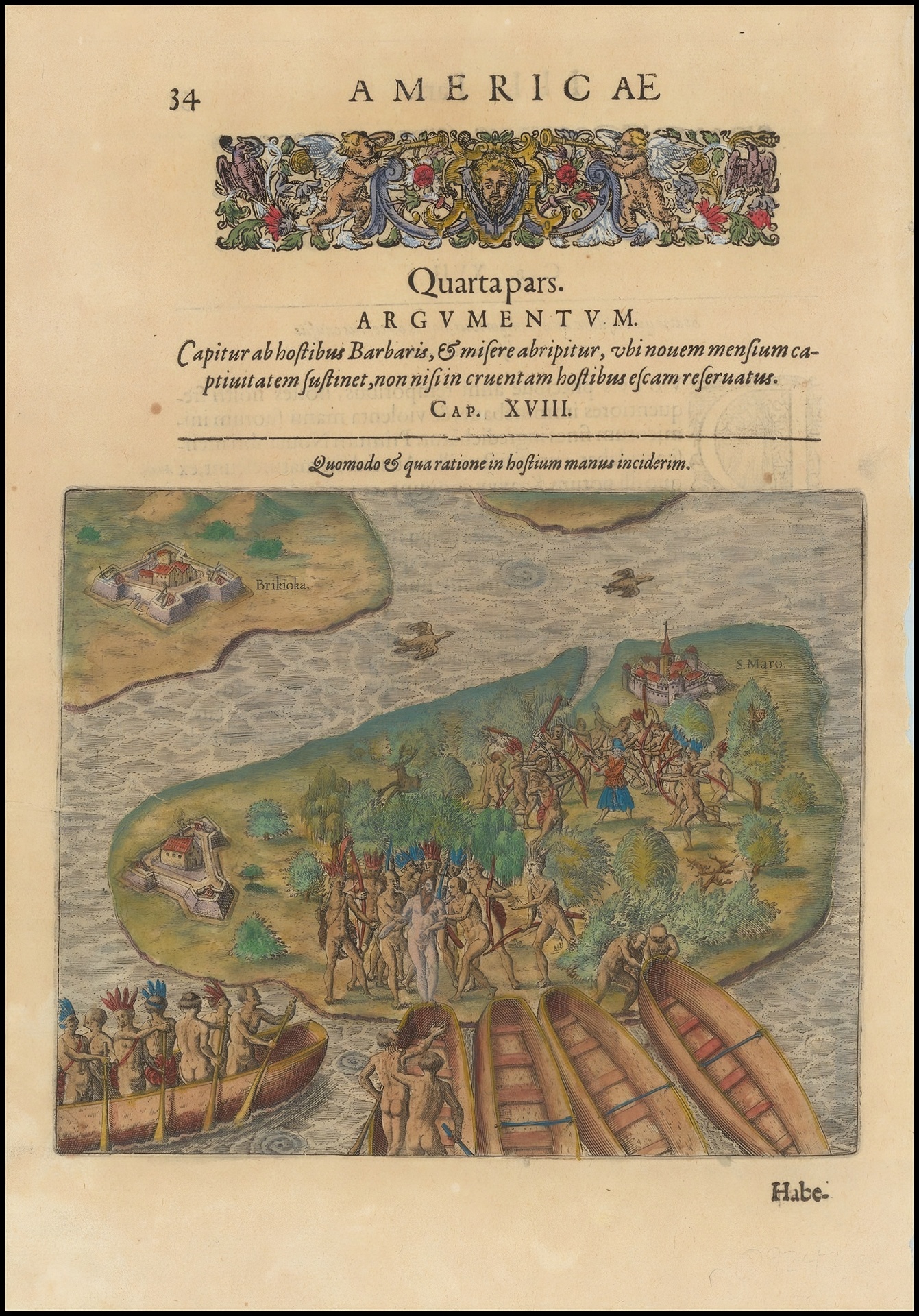Ilha de Santo Amaro and Fort Bertioga (Brikioka). Theodor de Bry, Americae quarta pars